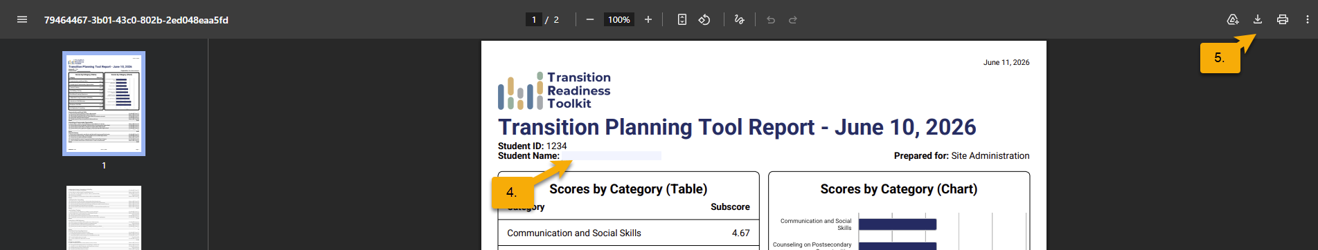 Planning Tool PDF report showing where to enter a student name and download the report.